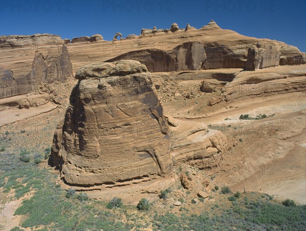 USA, Utah, Arches National Park, The Windows. A distant view of Delicate Arch