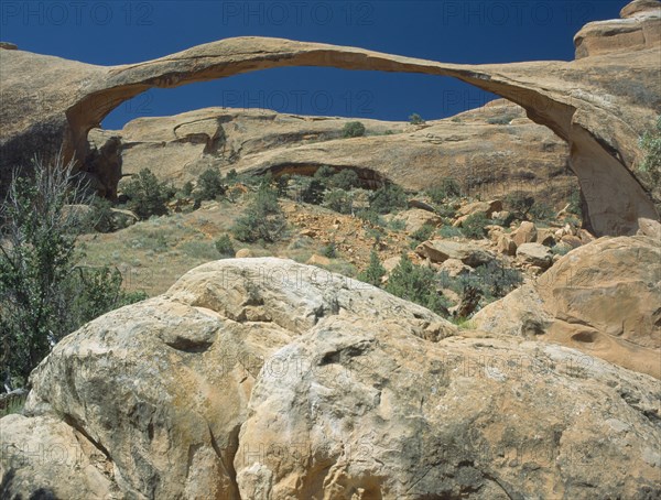 USA, Utah, Arches National Park, The Windows. Landscape Arch. The parks longest arch at 306 feet wide