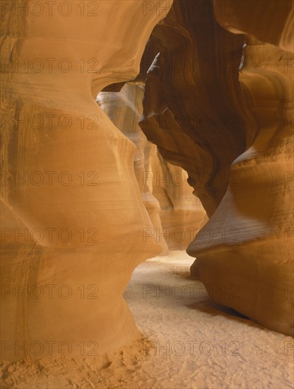 USA, Arizona, Antelope Canyon, Carved shapes formed from rushing water after storms showing colourful golden red rocks