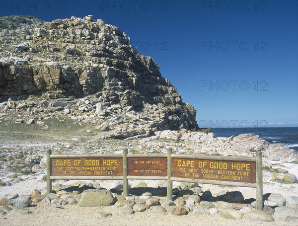 SOUTH AFRICA, Western Cape, Cape Penninsula, Cape of Good Hope Nature Reserve. Sign indicating the location of Cape of Good Hope as the most westerly point in Africa.
