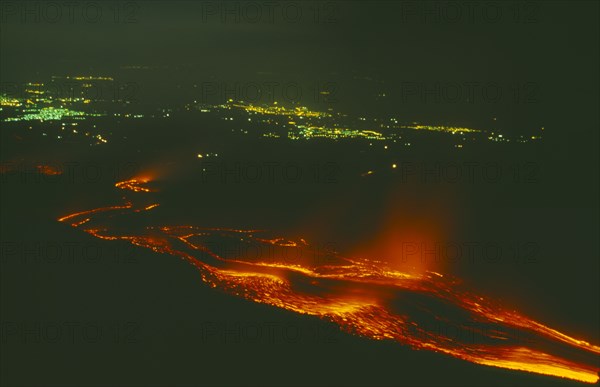 ITALY, Sicily, Mount Etna, Lava flow from the Monti Calcarazzi fissure on the southern flank of Mount Etna threatening the town of Nicolosi in 2001.