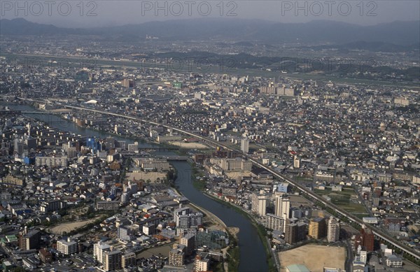 JAPAN, Kyushu, Fukuoka, Aerial view over largest city on the most southernmost of Japans four major islands.
