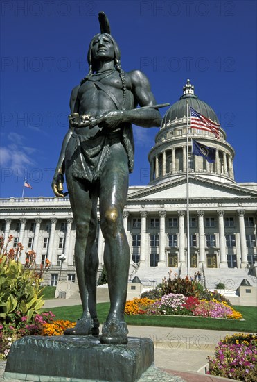 USA, Utah, Salt Lake City, "Replica of the statue of Chief Massasoit, at Plymouth, Masschusetts, outside The Utah State Capitol Building, home of the Senate and House of Representatives."