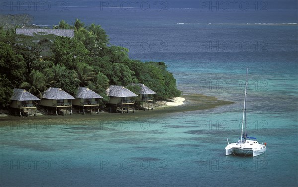 PACIFIC ISLANDS, Melanesia, Vanuatu, Efate Island. Guest cabins on the resort island of Iririki just off Port Vila in Vila Bay.
