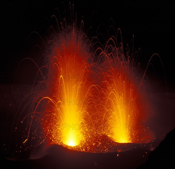 PACIFIC ISLANDS, Melanesia, Vanuatu, "Tanna Island. Yasur Volcano, Eruptions from vents in the crater of Mt Yasur in east Tanna, one of the Pacific's most accessible & active volcanoes."