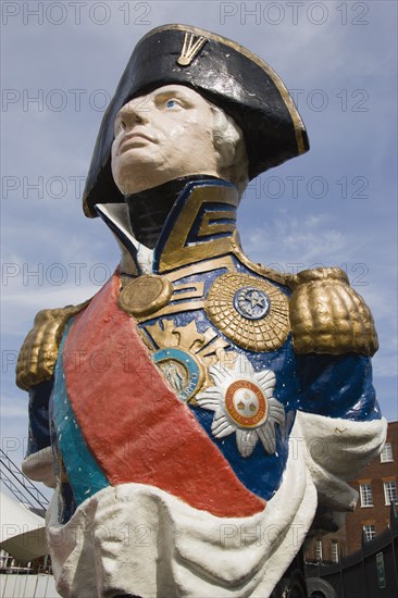 ENGLAND, Hampshire, Portsmouth, Ships figurehead of Admiral Lord Nelson in the Historic Naval Dockyard.