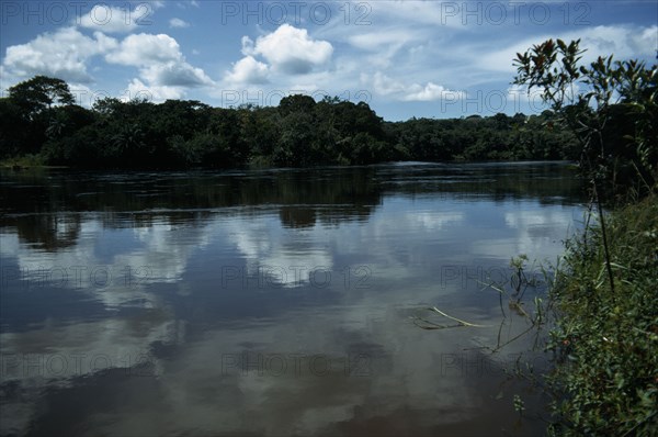 CENTRAL AFRICAN REPUBLIC, Landscape, Landscape with river lined by tropical rainforest.