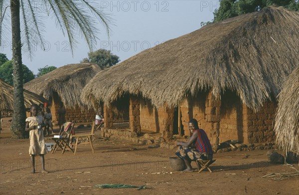 CENTRAL AFRICAN REPUBLIC, Traditional Houses, Typical roadside dwellings of the Sango Tribe with mud brick walls and thatched roof.