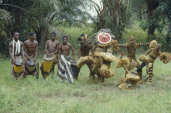 CONGO, Festival, Drummers and dancers masquerading as animals at Bapende initiation ceremony.