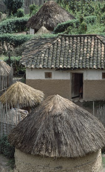 RWANDA, Gishwati, Rondavel thatch next to more modern tiled roof home.