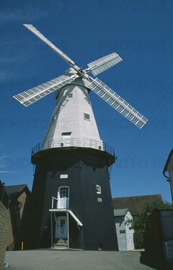ENGLAND, Kent, Cranbrook, Windmill museum. Union Mill is a white weatherboarded smock mill. It is the tallest mill in Kent at 70 ft