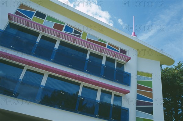 ENGLAND, Dorset, Sandbanks, View of colourful apartment block called Lucys hill.