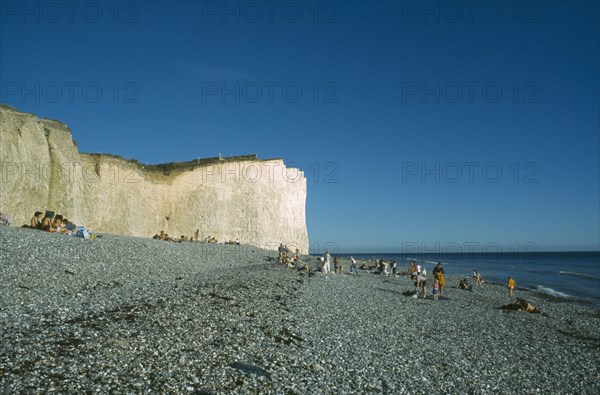 ENGLAND, East Sussex, Birling Gap, Occupied peeble beach and section of cliff face