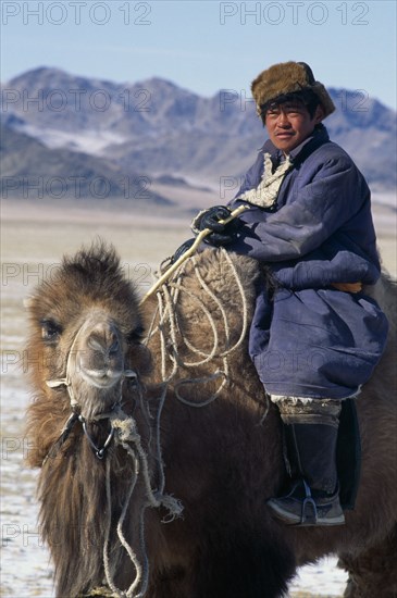 MONGOLIA, Hovd Province, People, Mongolian nomad returning to camp on camel.