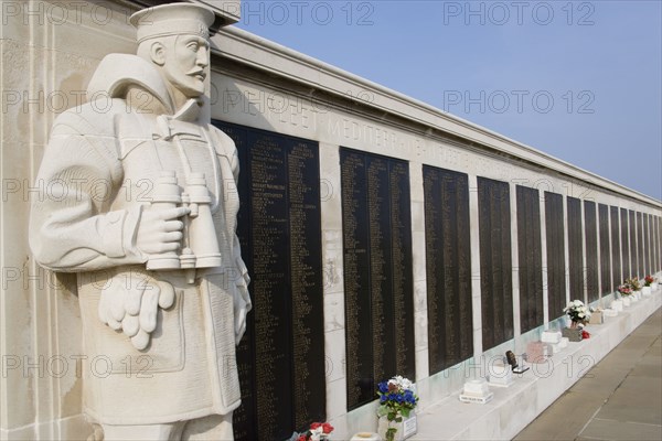 ENGLAND, Hampshire, Portsmouth, World War Two Naval Memorial on Southsea seafront designed by Sir Edmund Maufe with sculpture of a sailor by Sir Charles Wheeler.