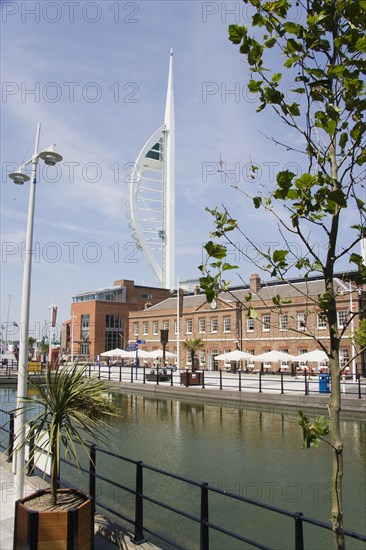 ENGLAND, Hampshire, Portsmouth, The Spinnaker Tower the tallest public viewing platforn in the UK at 170 metres on Gunwharf Quay with the old Customs House in the foreground