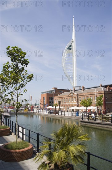 ENGLAND, Hampshire, Portsmouth, The Spinnaker Tower the tallest public viewing platforn in the UK at 170 metres on Gunwharf Quay with the old Customs House in the foreground