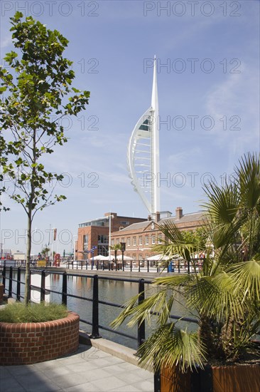 ENGLAND, Hampshire, Portsmouth, The Spinnaker Tower the tallest public viewing platforn in the UK at 170 metres on Gunwharf Quay with the old Customs House in the foreground