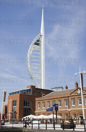 ENGLAND, Hampshire, Portsmouth, The Spinnaker Tower the tallest public viewing platforn in the UK at 170 metres on Gunwharf Quay with the old Customs House in the foreground