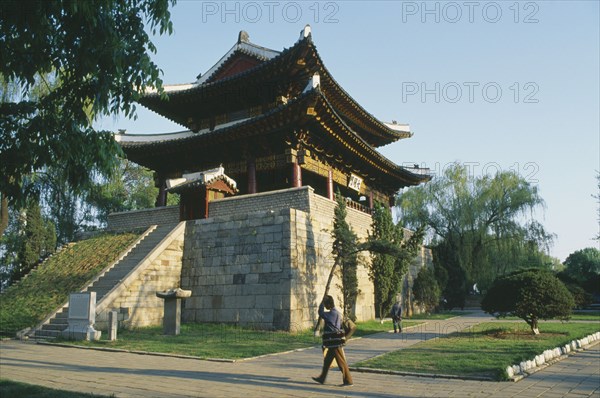 NORTH KOREA, Pyongyang, Taedong Gate.  Old city gate with two tiered roof.