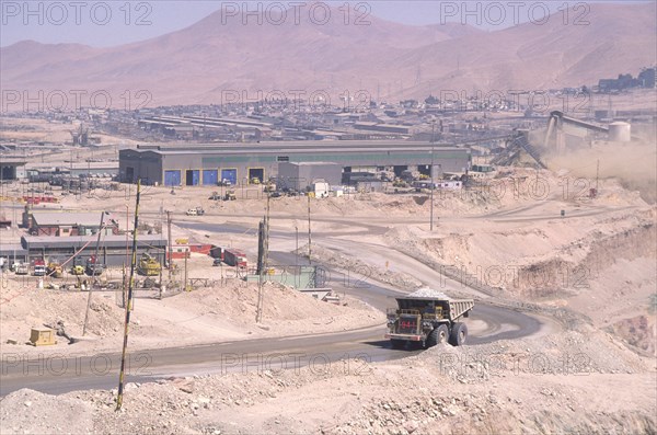 CHILE, Antofagasta, Chuquicamata, "A truck leaving the Copper Mine, the road leading away from the industrial landscape."