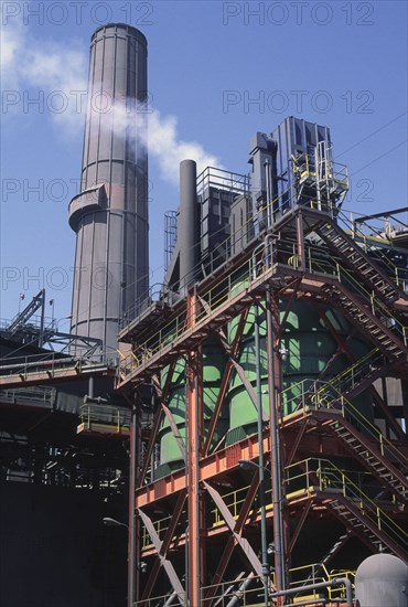 CHILE, Antofagasta, Chuquicamata, "Copper Mine ore processing facility, detail of stacks, platforms and stairs."