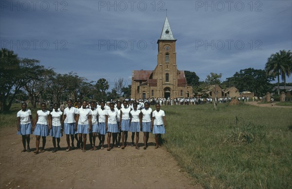 CONGO, Lisala, School choir posing for photograph outside Lisala Cathedral.