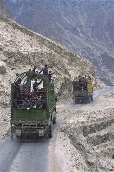 PAKISTAN, North West Frontier Province, Kashmir, Convoy of Pakistan soldiers en route from the border.