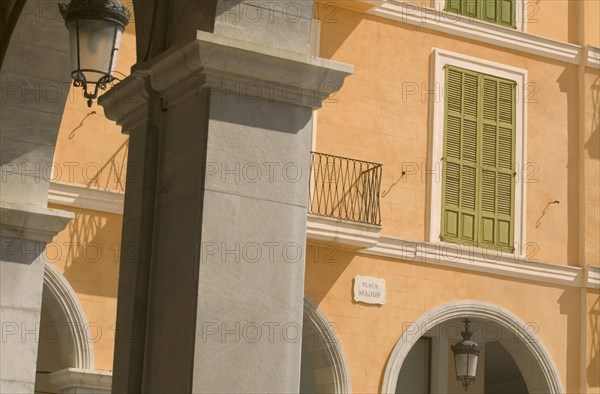 SPAIN, Balearic Islands, Mallorca, "Palma de Mallorca, Detail of the architecture in Placa Major including arches and a plaque."