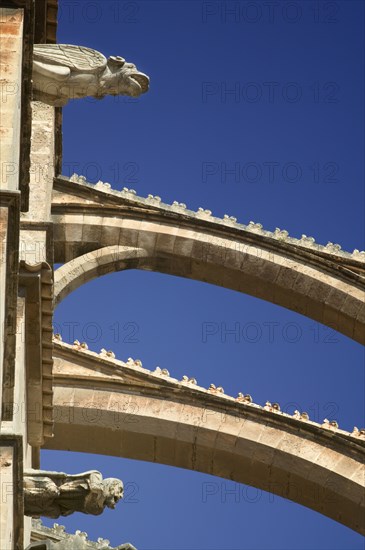 SPAIN, Balearic Islands, Mallorca, "Palma de Mallorca,  Detail of The Cathedral including gargoyles. "