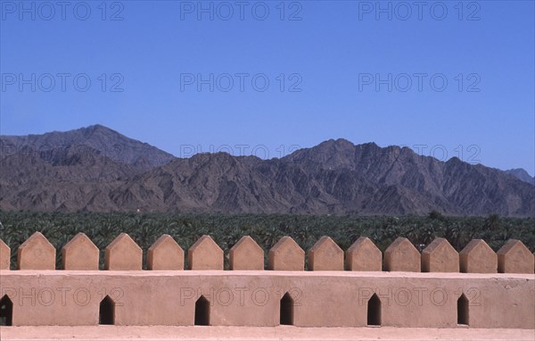 OMAN, Landscape, "Wall of a traditional fort, with Oasis and mountains behind."