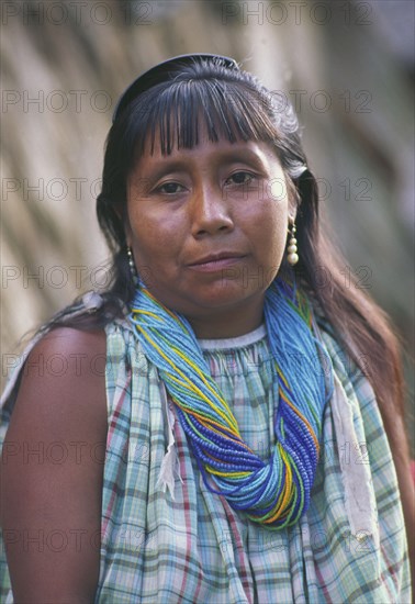 VENEZUELA, Orinoco Delta, "Warao Indian woman, wearing many beaded necklaces."