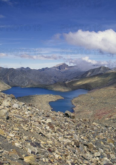 COLOMBIA, Cordillera , Boyaca, "Laguna Grande de la Sierra, Sierra Nevada de Cocuy, A large lagoon surrounded by mountains."