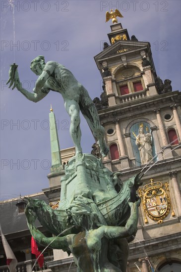 BELGIUM, Flemish Region, Antwerp, Detail of the Brabo Fountain in front of the Stadhuis in Grote Markt or Main Square.