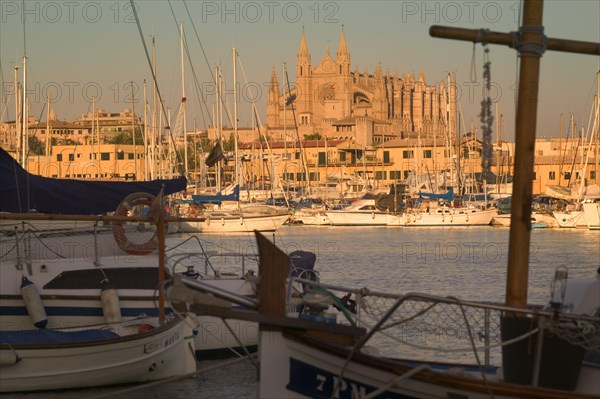 SPAIN, Balearic Islands, Mallorca, "Palma de Mallorca, View of The Cathedral across the port."