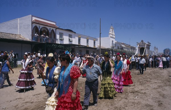 SPAIN, Andalucia, Huelva, El Rocio.  Annual pilgrimage to visit statue of the Virgin in Iglesia de Nuestra Senora del Rocio believed to have performed miraculous healings.