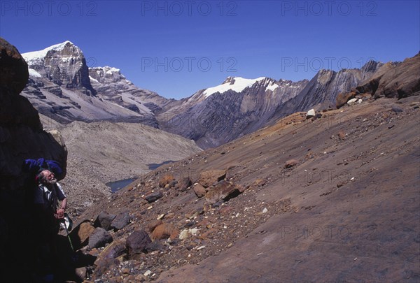 COLOMBIA, Cordillera , Boyaca, "The climb up to Boqueron Bellavista with a man hiking, Sierra Nevada de Cocuy,"