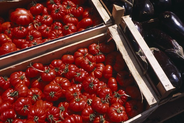 ITALY, Sicily, Palermo, La Vecciria Market. Detail of  tomatoes and aubergines on market stall