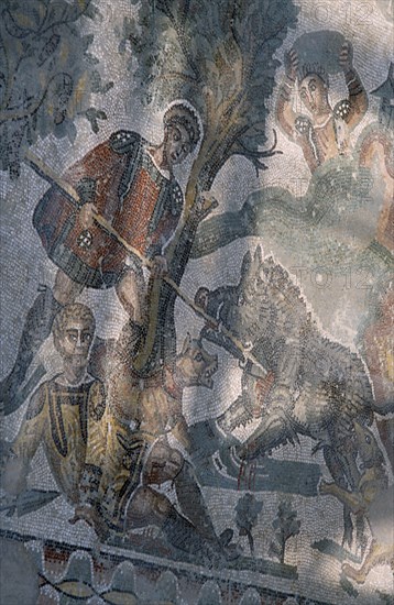 ITALY, Sicily, Enna, Piazza Armerina. Villa Romana del Casale. Detail of Roman Mosaic depicting figures and animals