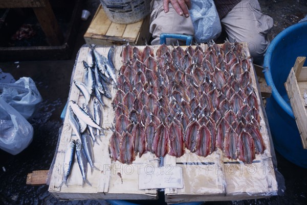 ITALY, Sicily, Catania, La Pescheria di Sant Agata. Fish Market with mackerel and filleted anchovies laid out on a stall