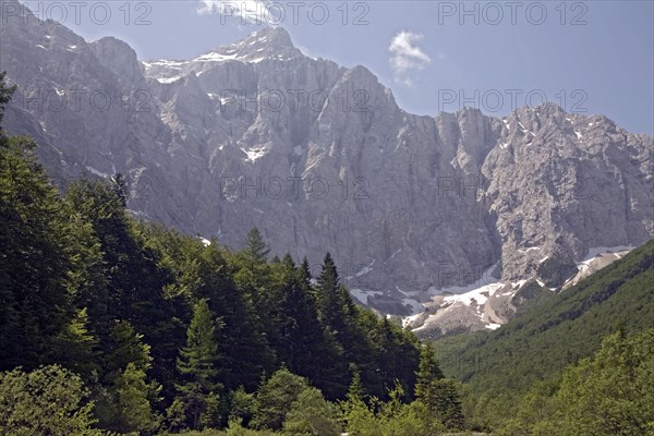SLOVENIA , Triglav National Park, Julian Mountain, The North Face of Mount Triglav at the end of Vrata Valley the longest valley in Slovenia and the source of the Bristica River