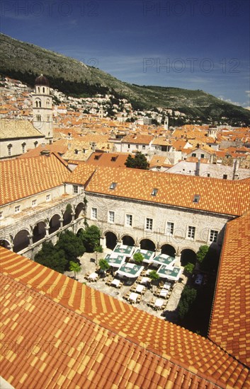 CROATIA, Dalamatia, Dubrovnik, Vew of the old city from the curtain wall. The old city of Dubrovnik is surrounded by a perfectly preseved curtain wall. Walking its two kilometer length is one of the highlights of a visit to the city