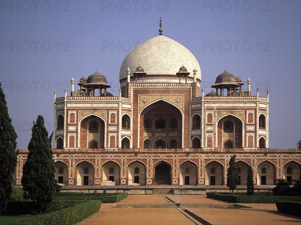 INDIA , Uttar Pradesh, Delhi, "Humayun’s tomb, first and one of the finest examples of a garden tomb later perfected at the Taj Mahal. Begun in 1564 by his widow Haji Begum "