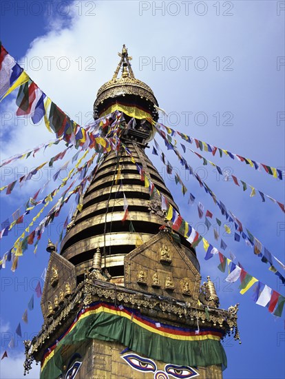 NEPAL, Kathmandu, Swayambhunath Stupa with Buddhas Eyes - 5 different shaped layers representing Earth Air Water Fire Life - the ? represents unity of the universe