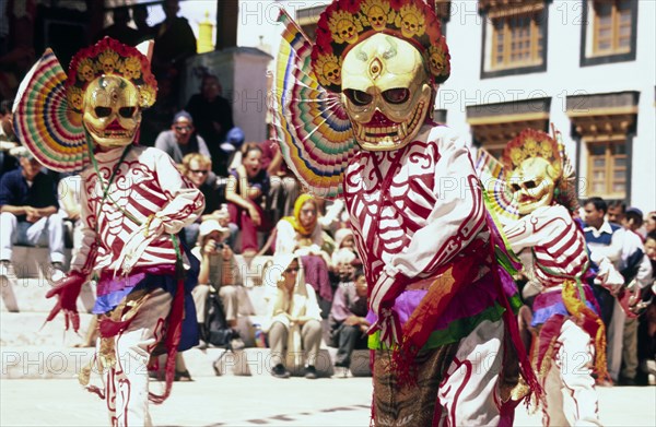 INDIA, Ladakh, Leh, "Chaukhang gompa Chams (mask) dance in the courtyard of the Buddhist monastery at the centre of Leh, monks perform ceremonial mask dances, known as Chams, as part of the annual Ladakh festival"