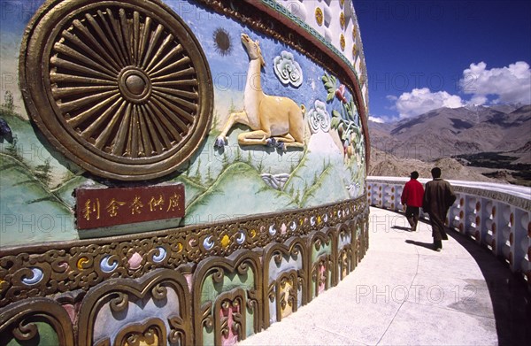 INDIA, Ladakh, Leh, "Shanti stupa perched high above the town of Leh, the Shanti stupa commands spectacular views across the surrounding valley and the mountains of the western Himalayas. The Stupa is the most prominent Buddhist shrine in the region and was opened by the Dalai Lama himself in 1985"