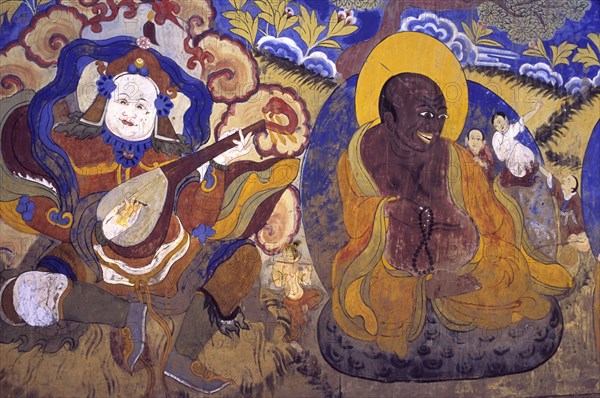 INDIA, Ladakh, Thikse Gompa, "Buddhist art, 16th century monastery of Thikse is home to the Gelukpa order of Tibetan buddhism and boasts many excellently preserved religious murals"