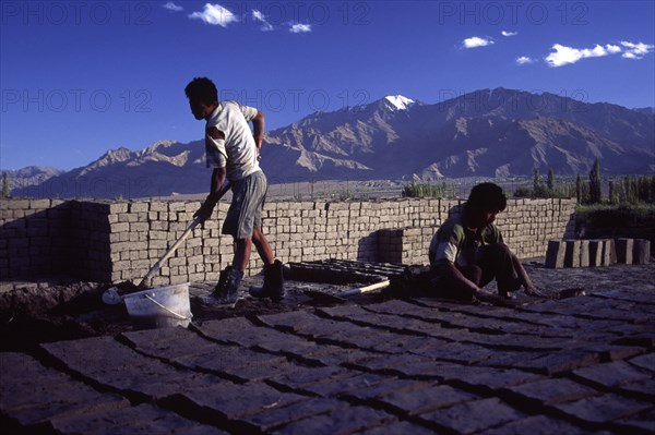 INDIA, Ladakh, Thikse , "Mud brick manufacture, mud bricks are the traditional material used for building in Ladakh. When regional government switched to concerete for a time there was a backlash from environmentalists, resulting in the reinstatement of the mud brick. "