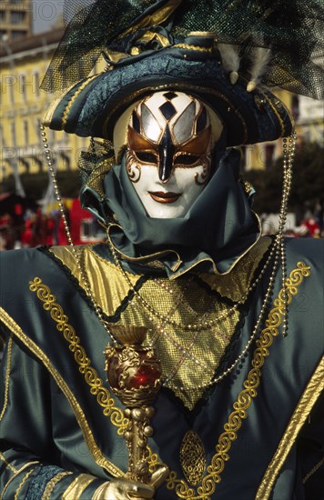 CROATIA, Kvarner, Rijeka, "Mask carnival Venetian style mask. The Rijeka carnival held on the Sunday before Ash Wednesday rivals the great Mask carnival of Venice, with troops in their thousands coming from all over the world to participate "