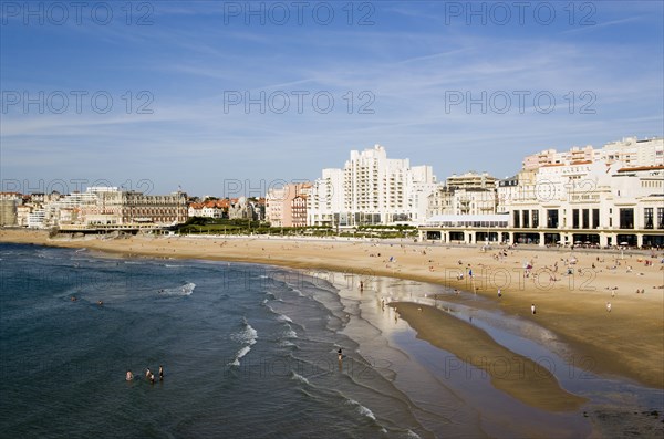 FRANCE, Aquitaine Pyrenees Atlantique, Biarritz, The Basque seaside resort on the Atlantic coast. The Grande Plage beach with the Casino Municipal on the right and the Hotel du Palais on the left